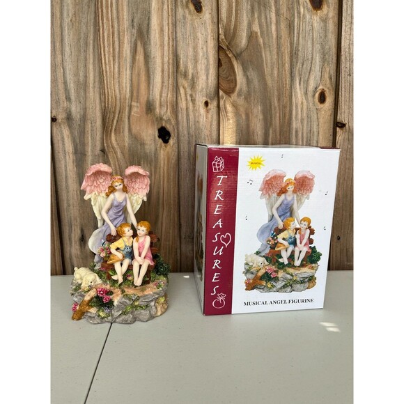 Treasures Musical Angel Figurine Puppy Kids on Bench - Picture 2 of 9